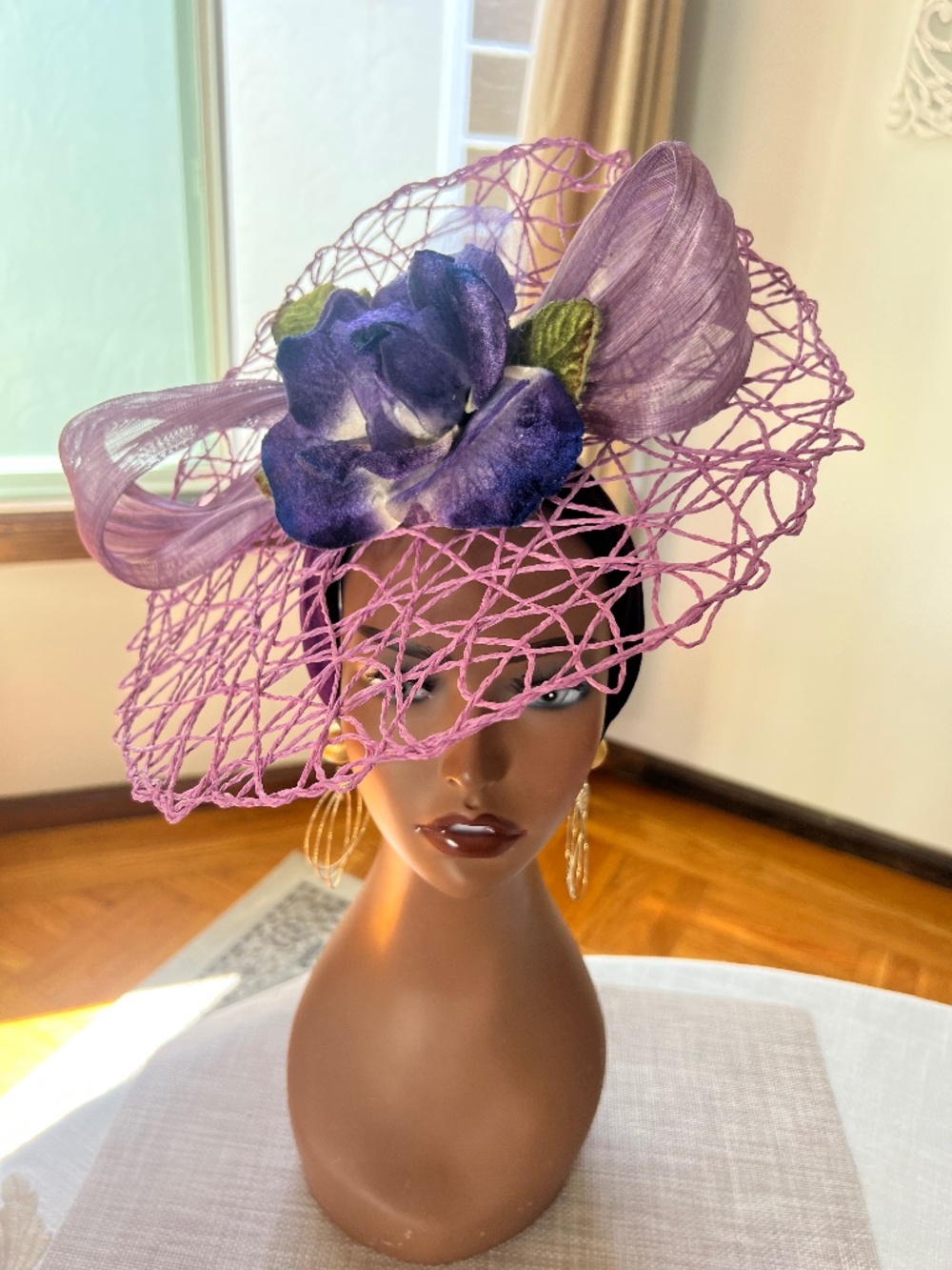 Lavender and deep purple 100% silk flower with abaca silk bow